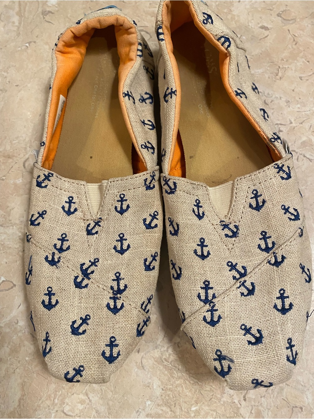 Toms Natural Canvas Loafers with Navy Anchor Print and Orange Lining